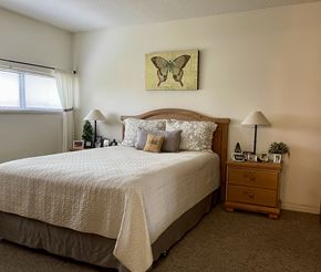 Centralia apartment for rent - A bedroom with a large bed and a butterfly painting on the wall.