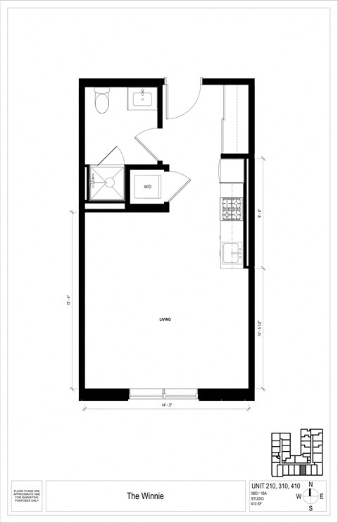 Floor plan for studio, 1 bath, 410 sqft