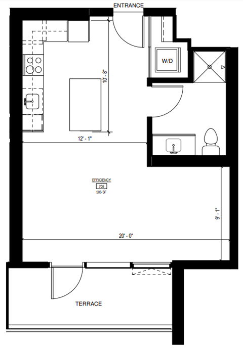 Floor plan for studio, 1 bath, 508 sqft