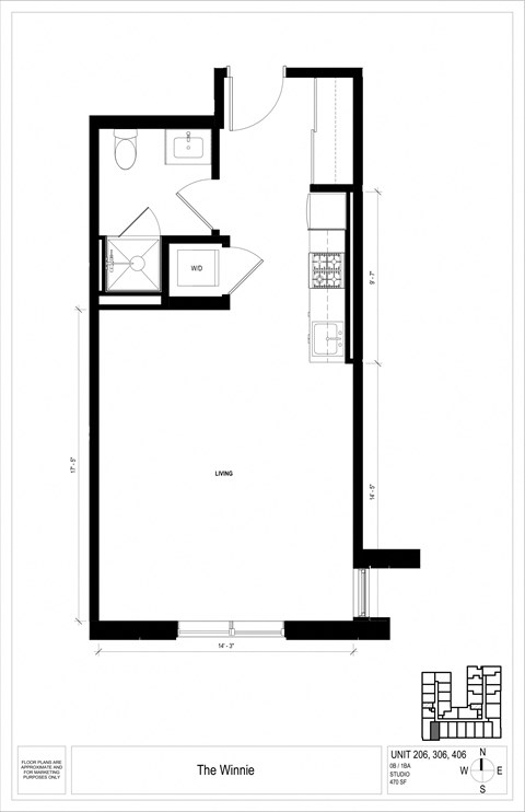 Floor plan for studio, 1 bath, 470 sqft