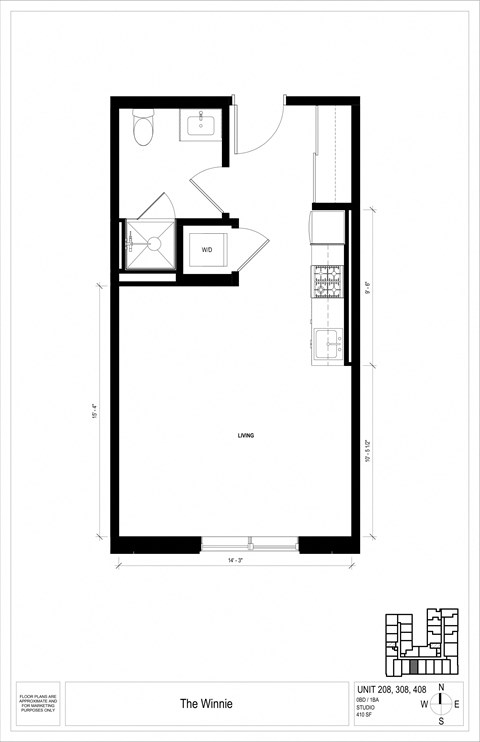 Floor plan for studio, 1 bath, 410 sqft