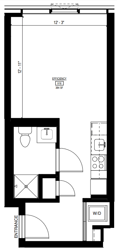 Floor plan for studio, 1 bath, 372 sqft