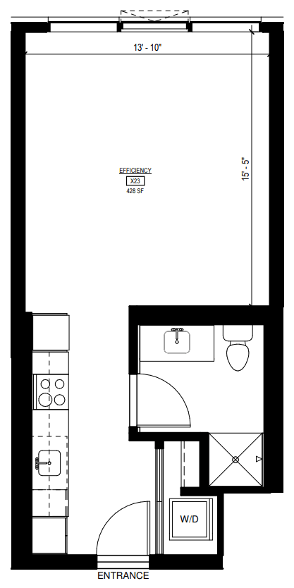 Floor plan for studio, 1 bath, 412 sqft