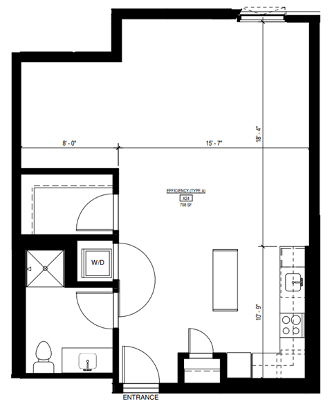 Floor plan for studio, 1 bath, 683 sqft
