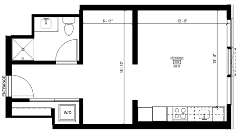 Floor plan for 1 bed, 1 bath, 509 sqft