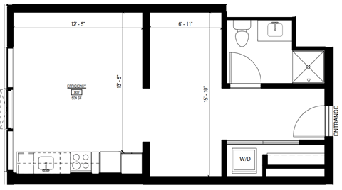 Floor plan for 1 bed, 1 bath, 509 sqft