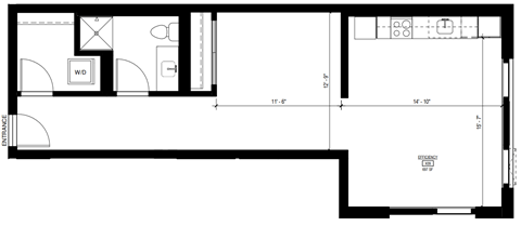 Floor plan for 1 bed, 1 bath, 687 sqft