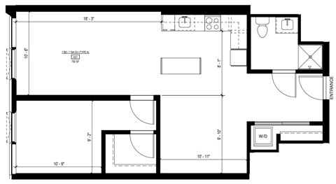 Floor plan for 1 bed, 1 bath, 792 sqft