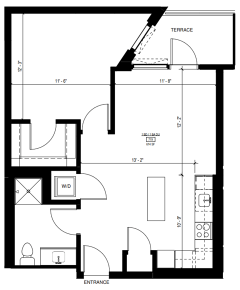 Floor plan for 1 bed, 1 bath, 676 sqft