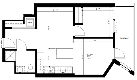 Floor plan for 1 bed, 1 bath, 664 sqft