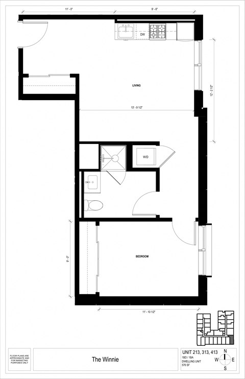 Floor plan for 1 bed, 1 bath, 576 sqft