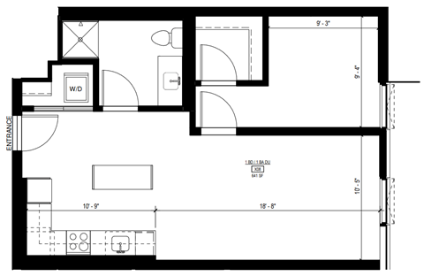 Floor plan for 1 bed, 1 bath, 640 sqft