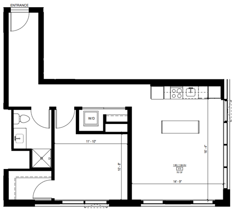 Floor plan for 1 bed, 1 bath, 746 sqft