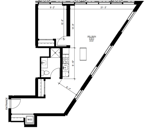 Floor plan for 1 bed, 1 bath, 813 sqft
