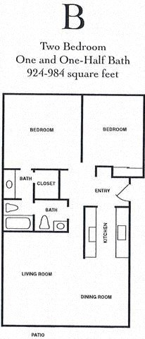 Floor plan for 2 beds, 1.5 baths, 984 sqft