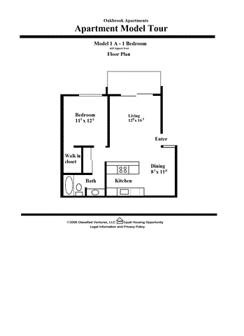 Floor plan for 1 bed, 1 bath, 665 sqft