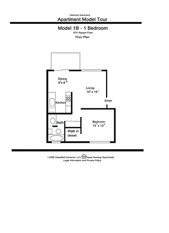 Floor plan for 1 bed, 1 bath, 674 sqft