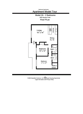 Floor plan for 2 beds, 2 baths, 849 sqft