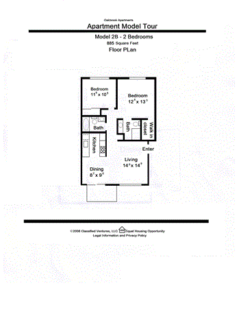 Floor plan for 2 beds, 2 baths, 885 sqft