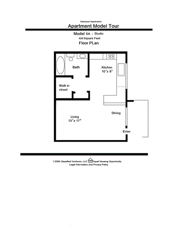 Floor plan for studio, 1 bath, 426 sqft