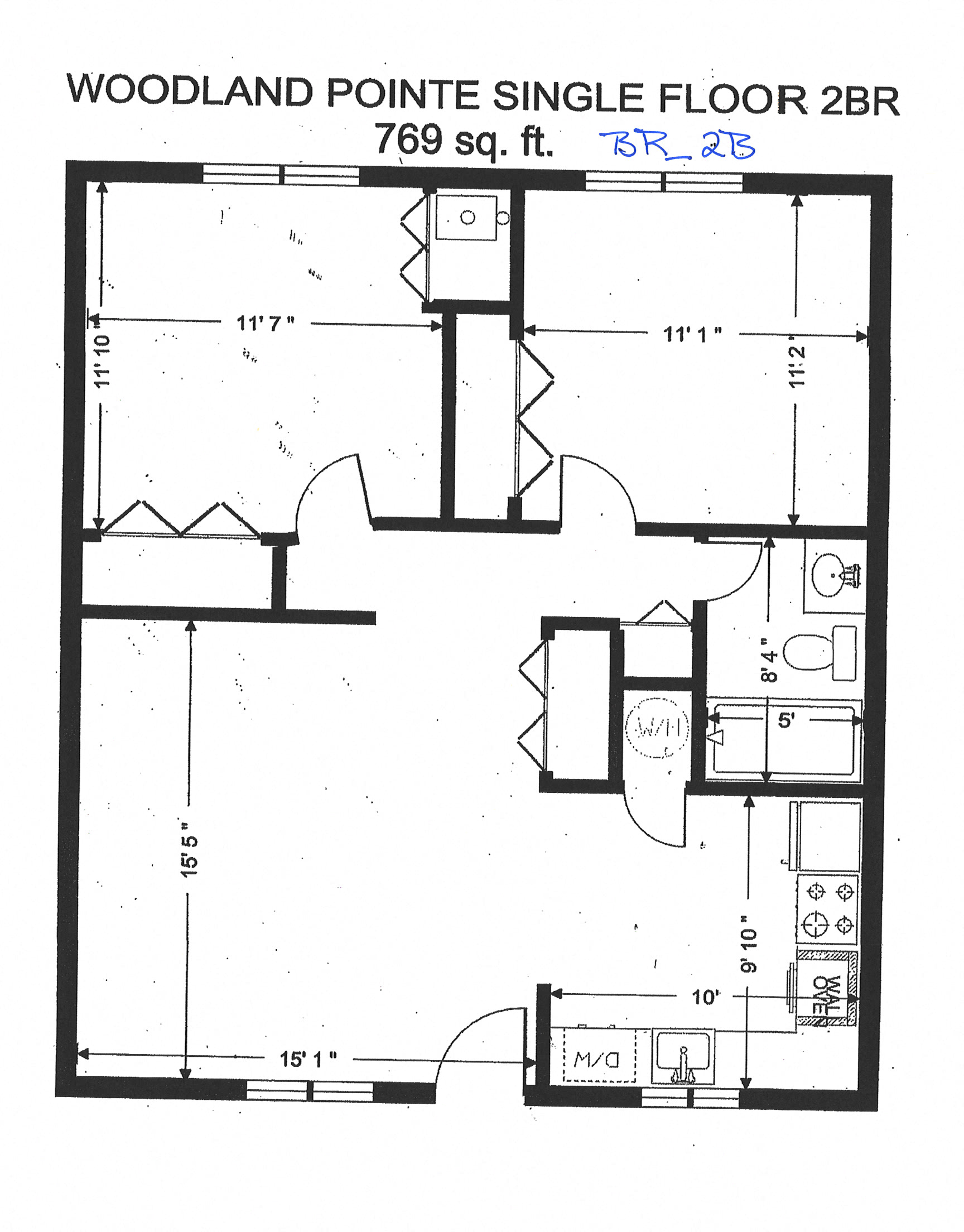 Floor plan for 2 beds, 1 bath, 806 sqft