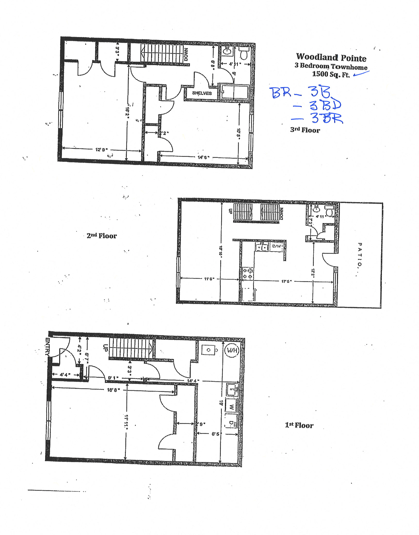 Floor plan for 3 beds, 1.5 baths, 1500 sqft