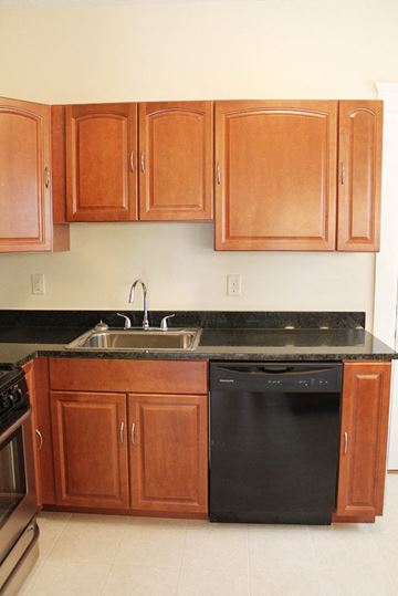 Cleveland Heights apartment for rent - A kitchen with wooden cabinets and black countertops.