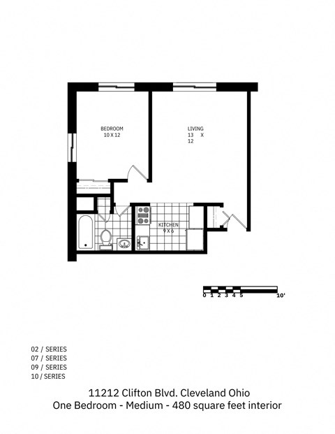 Floor plan for 1 bed, 1 bath, 480 sqft