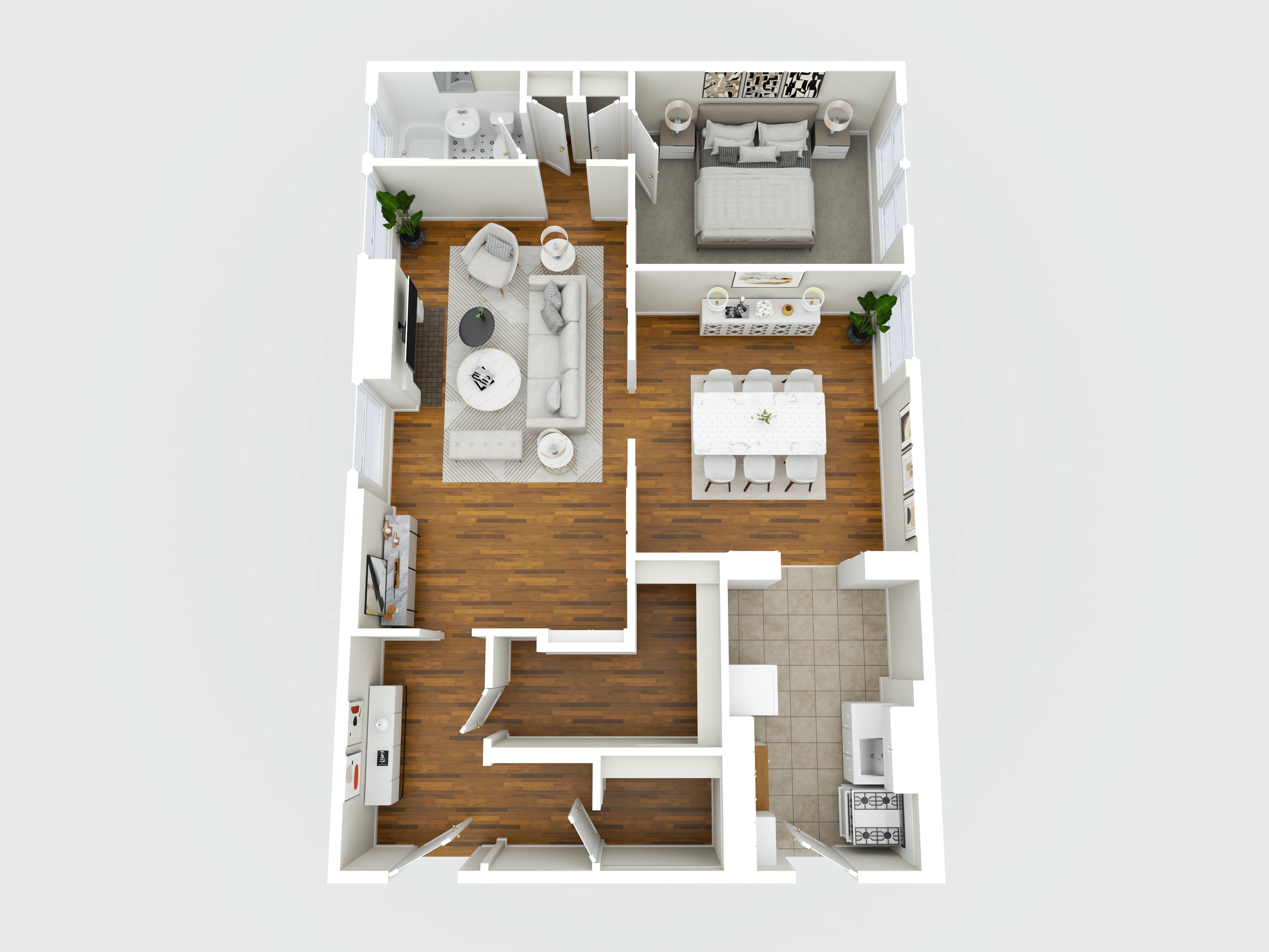 Floor plan for 1 bed, 1 bath, 943 sqft