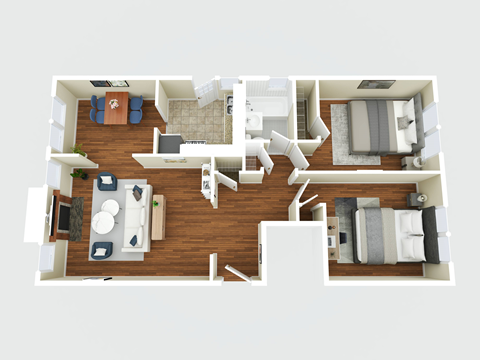Floor plan for 2 beds, 1 bath, 975 sqft