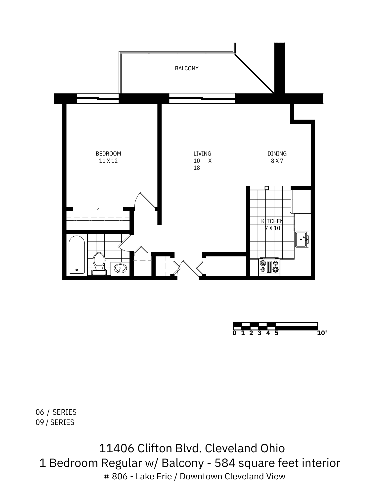 Floor plan for 1 bed, 1 bath, 584 sqft