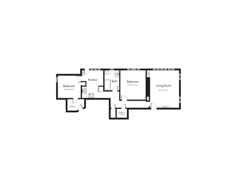Floor plan for 2 beds, 1 bath, 1008 sqft