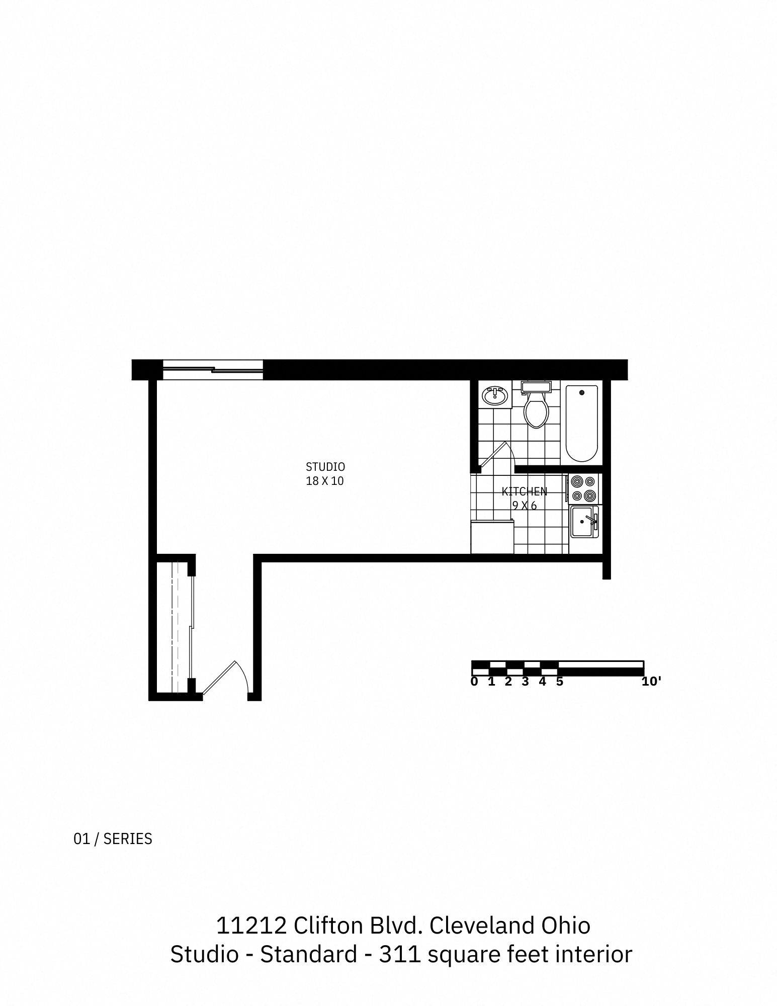 Floor plan for studio, 1 bath, 311 sqft