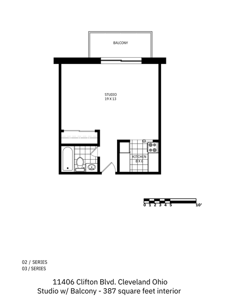 Floor plan for studio, 1 bath, 387 sqft