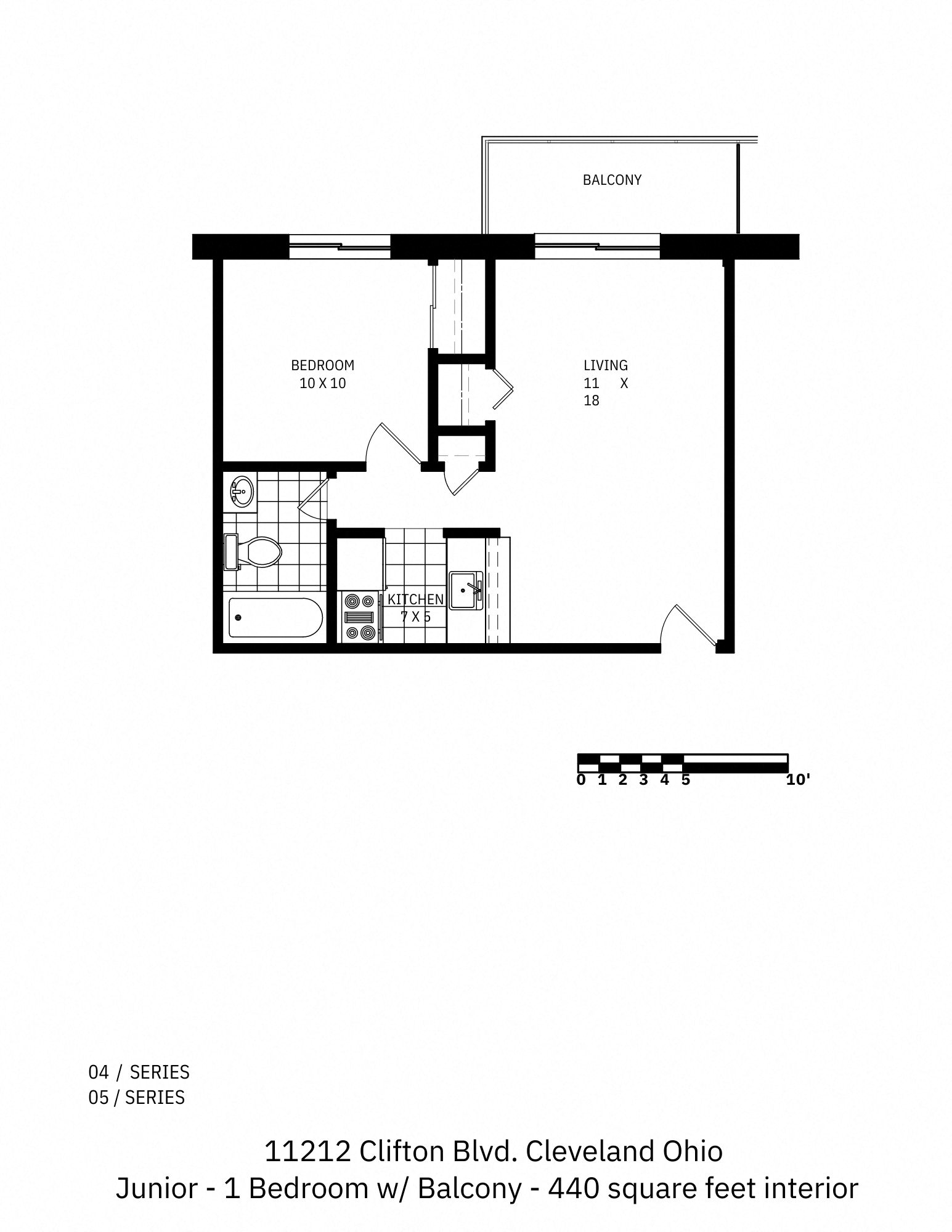 Floor plan for 1 bed, 1 bath, 440 sqft