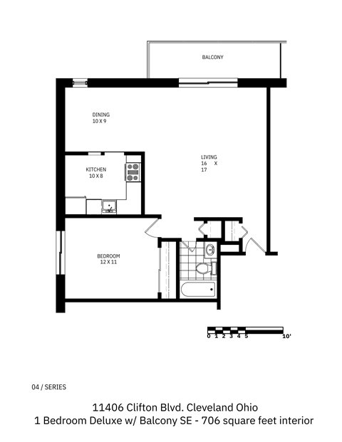 Floor plan for 1 bed, 1 bath, 706 sqft