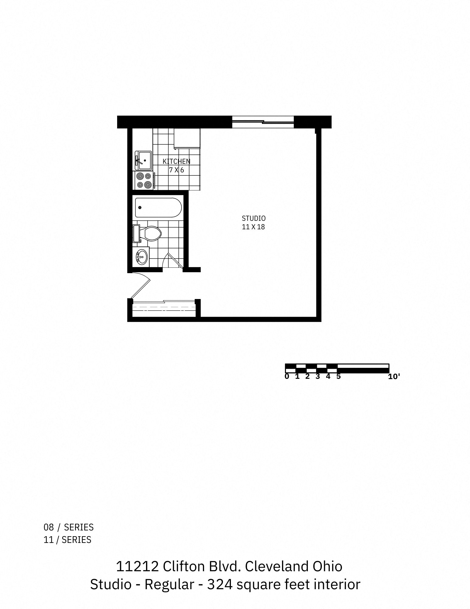 Floor plan for studio, 1 bath, 324 sqft