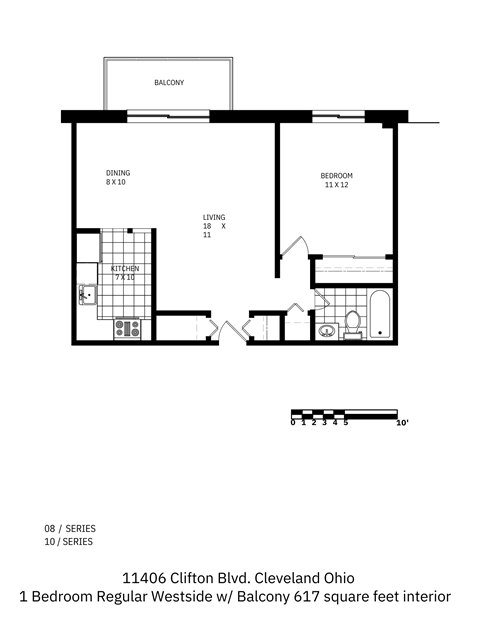 Floor plan for 1 bed, 1 bath, 617 sqft