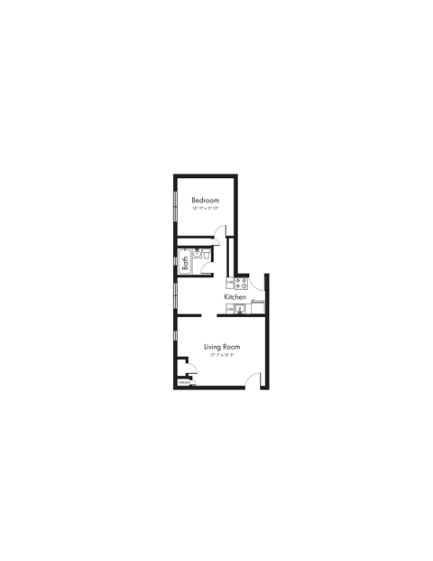 Floor plan for 1 bed, 1 bath, 630 sqft