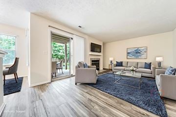 Copley apartment for rent - A living room with a blue rug and a grey couch.