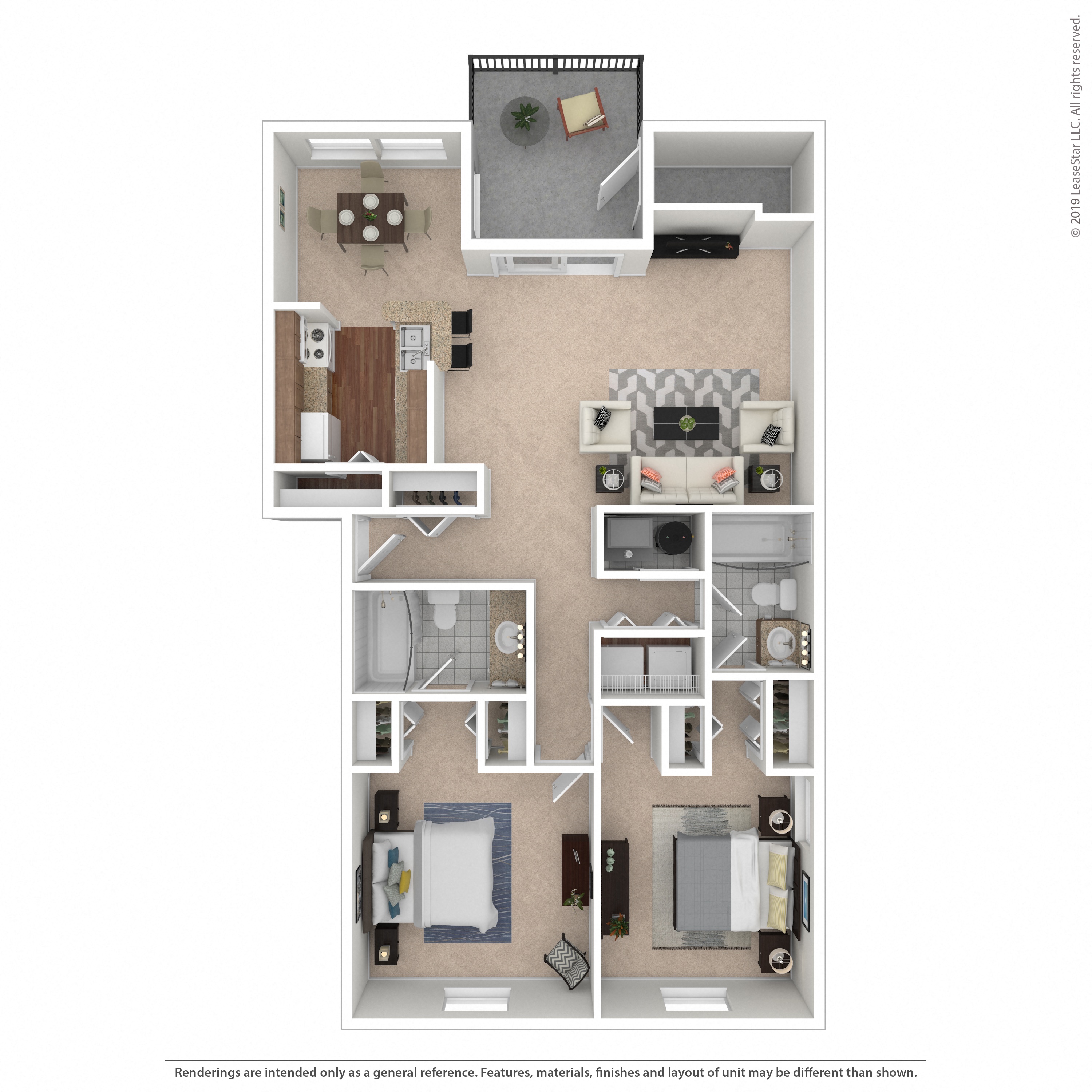 Floor plan for 2 beds, 2 baths, 1053 sqft
