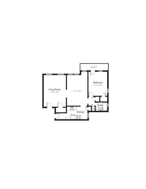 Floor plan for 1 bed, 1 bath, 564 sqft