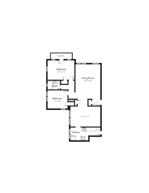 Floor plan for 2 beds, 1 bath, 871 sqft