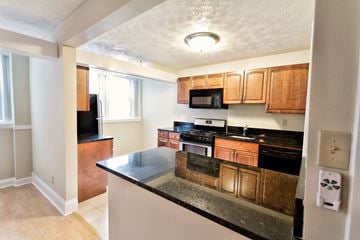 Cleveland apartment for rent - a kitchen with wooden cabinets and black counter tops