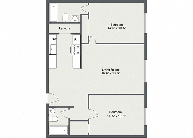 Floor plan for 2 beds, 2 baths, 960 sqft