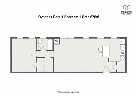 Floor plan for 1 bed, 1 bath, 675 sqft