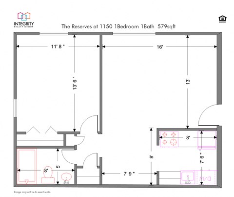 Floor plan for 1 bed, 1 bath, 579 sqft