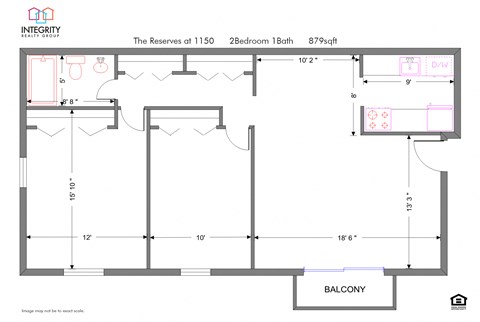 Floor plan for 2 beds, 1 bath, 879 sqft