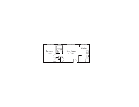 Floor plan for 1 bed, 1 bath, 700 sqft