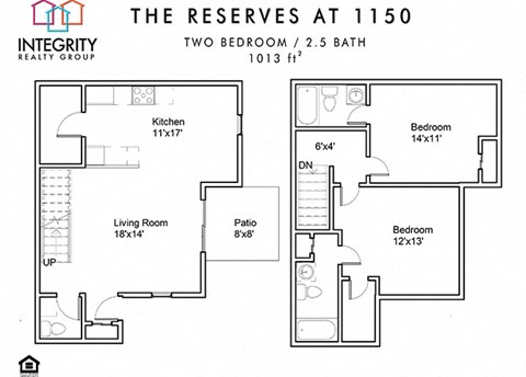 Floor plan for 2 beds, 2.5 baths, 1100 sqft
